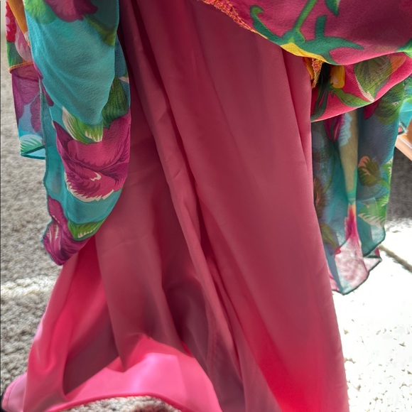 Betsey Johnson NWT Rare Vintage Silk Pink Yellow Roses Tiered Ruffle Maxi Dress - Picture 11 of 14